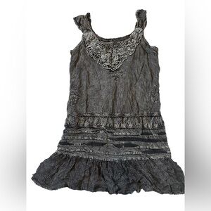Keren Hart Boho Lace Corset Back Tunic Top Charcoal Gray Rayon M